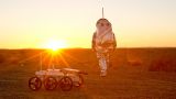 Sunset in Morocco with analog astronaut and Mars rover