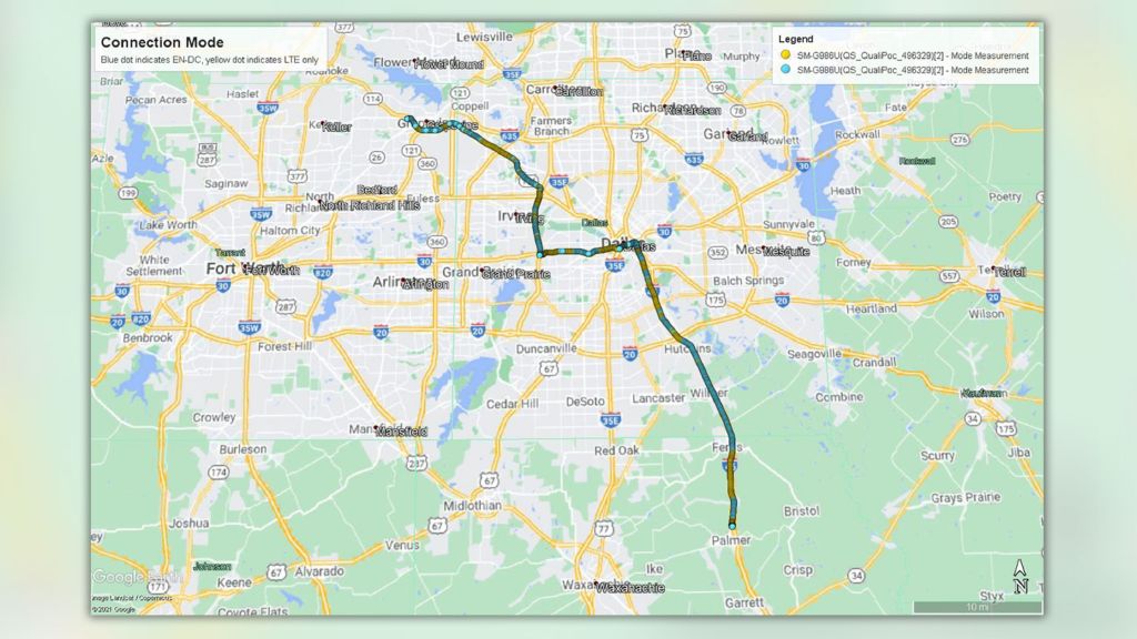 Figure 11: Connection mode during drive test: 5G EN-DC (light blue) or LTE only (yellow) [Result exported to Google Earth]