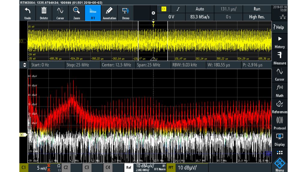 未使用输入滤波器时的 EMI 频谱
