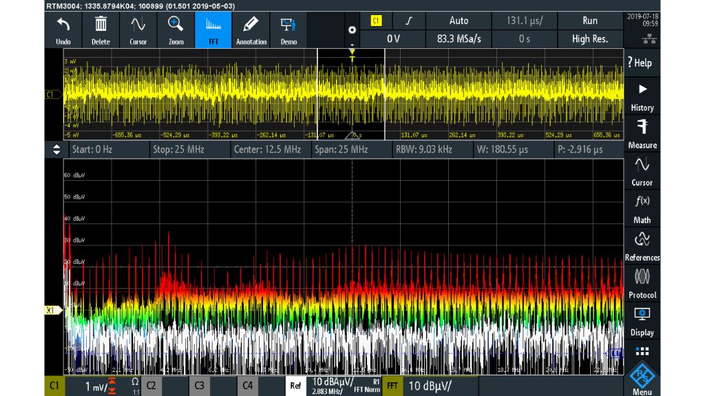 使用输入滤波器时的 EMI 频谱