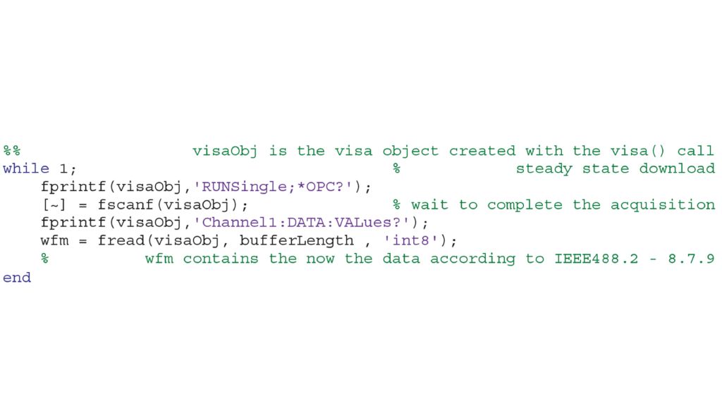 MATLAB® 中通道 1 的 SCPI 下载示例。