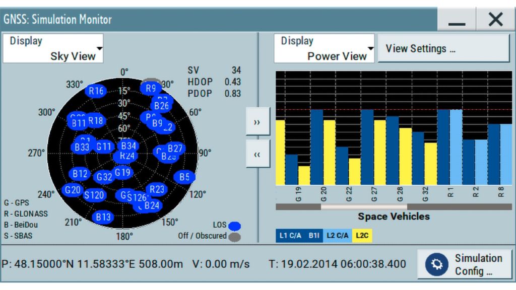 可以在内置模拟监测器中观察 GNSS 星座和卫星功率电平。