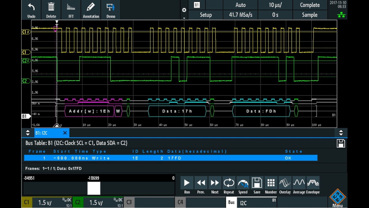 通过 R&S®RTM3000 上的模拟波形解码 I²C 信号。