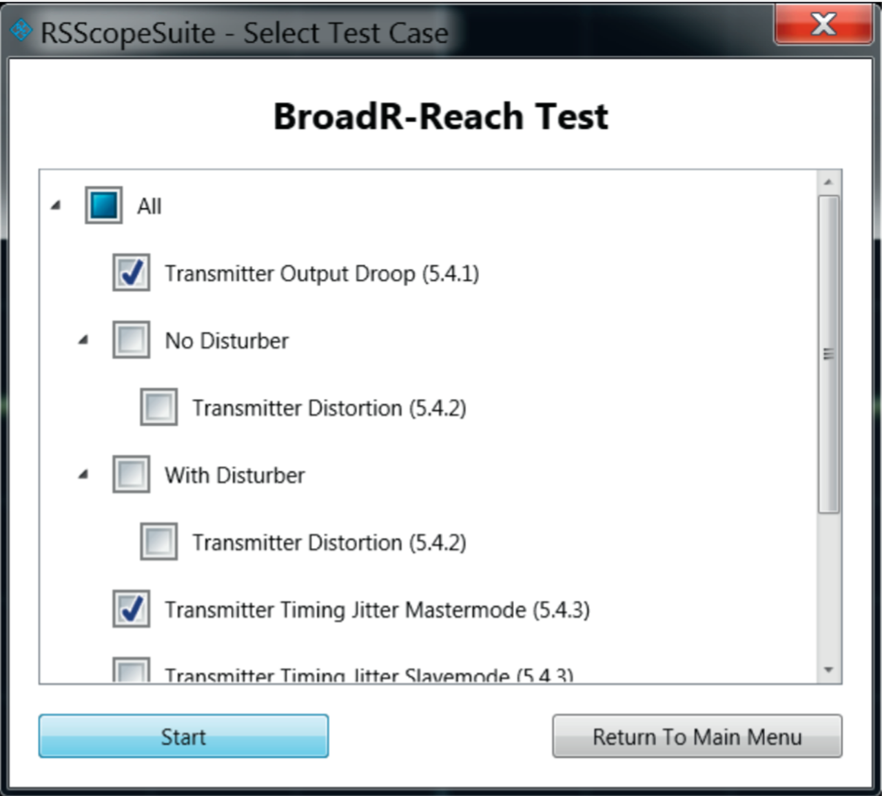 R&S®ScopeSuite 测试向导：选择测试用例。