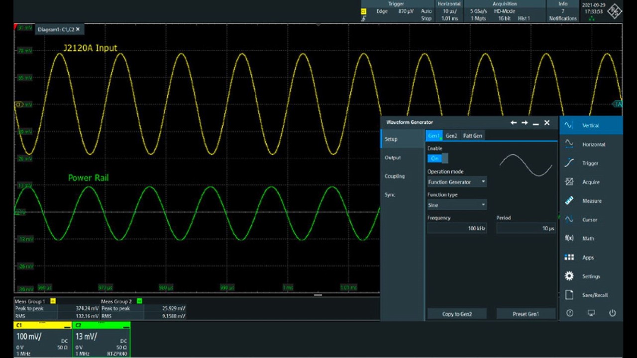 将注入的电源路径干扰调整为 10 mV RMS。在 R&S®RTP-B6 波形发生器的输出使用 20 dB 衰减器以提高分辨率。