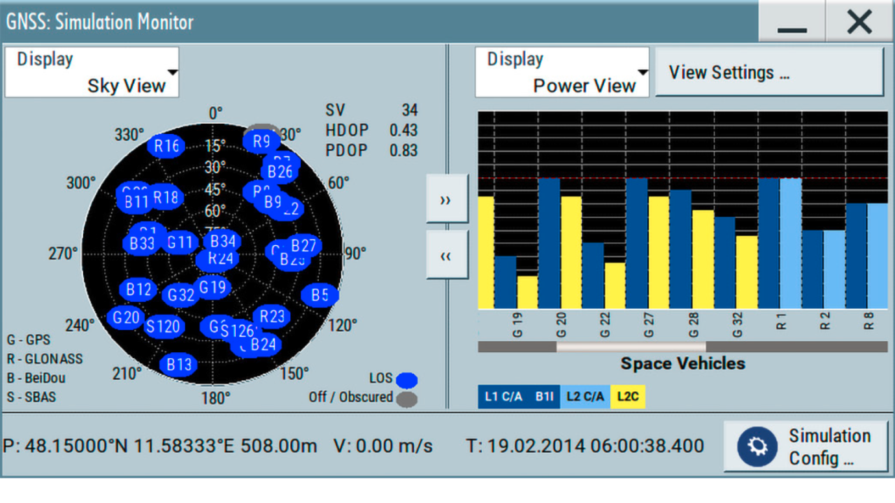 可以在内置模拟监测器中观察 GNSS 星座和卫星功率电平。