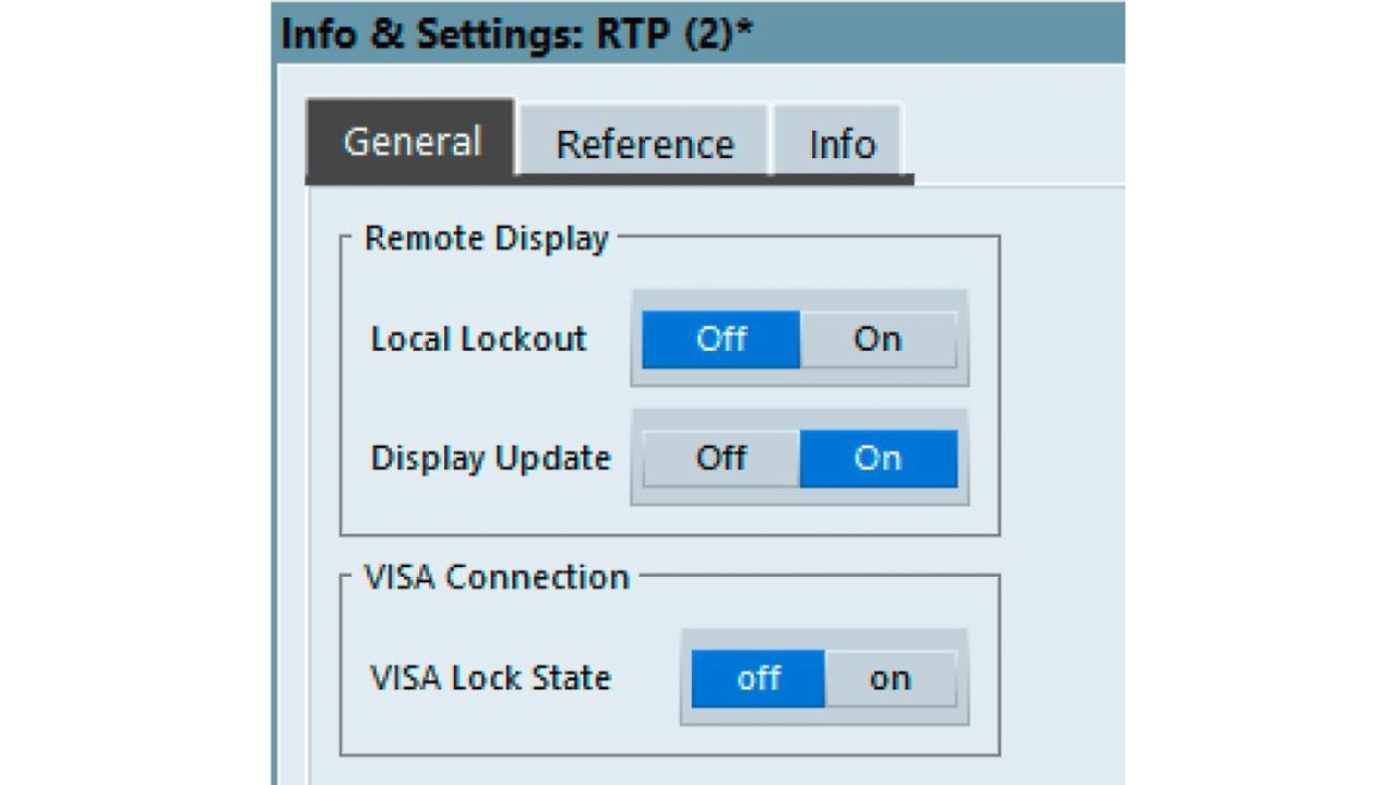 在 R&S®VSE 仪器窗口的“Info & Settings”（信息和设置）中，确保“Display Update”（显示更新）已开启。