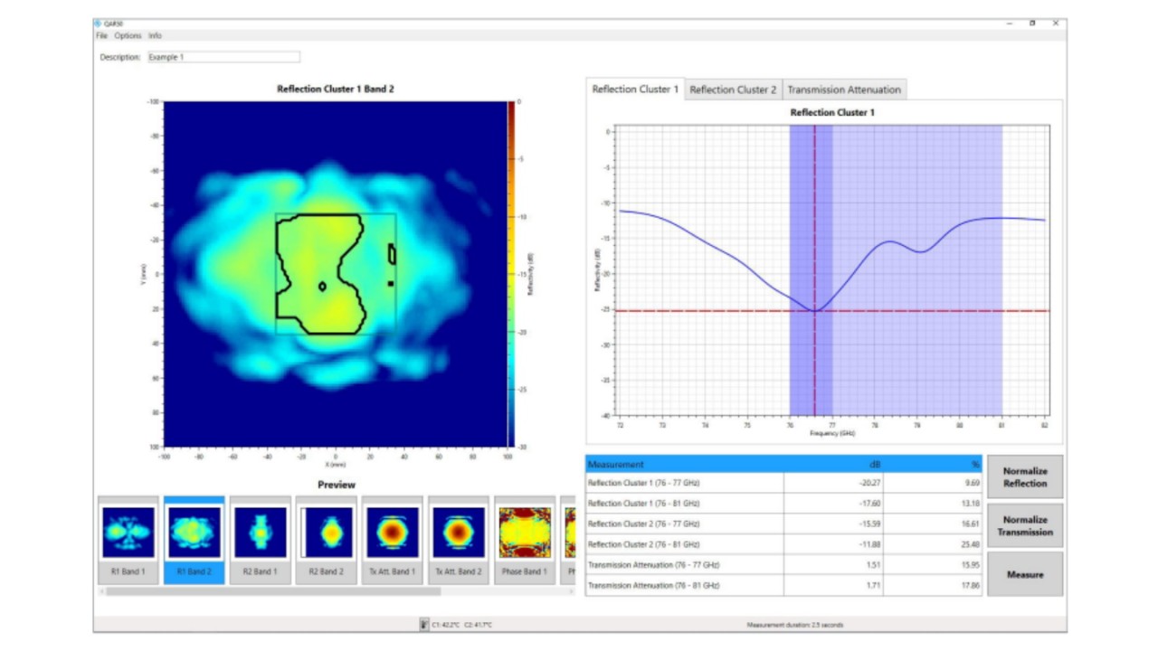 R&S®QAR50 显示反射和传输损耗测量值以及相位模板和反射图像。测量结果可与矢量网络分析仪测量值（在研发中用作参考）轻松对比。 