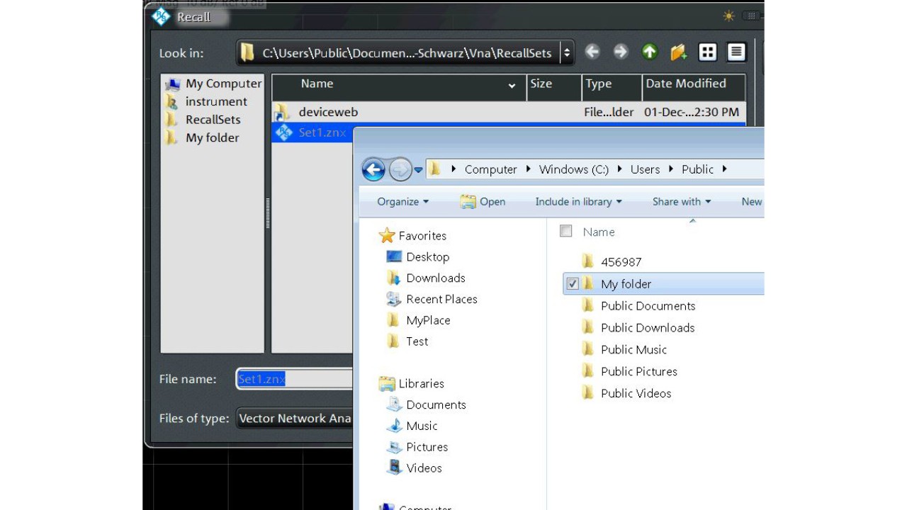 Save/recall files: own folder in 'Look In'