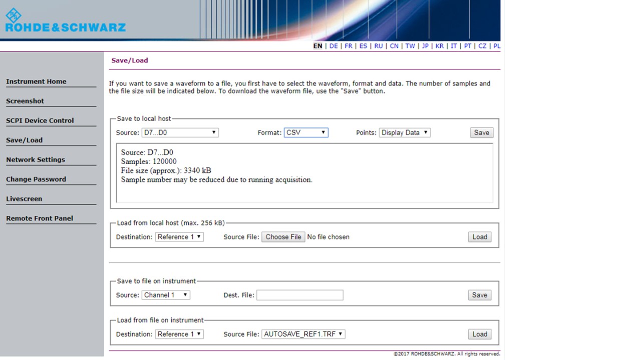 RTB2000 instrument home screen