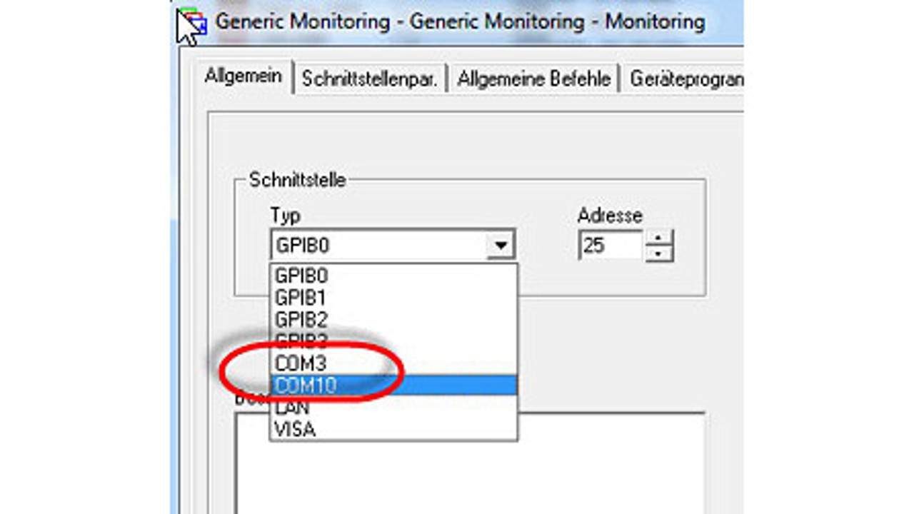 Changing virtual COM port to use field probe with EMC32