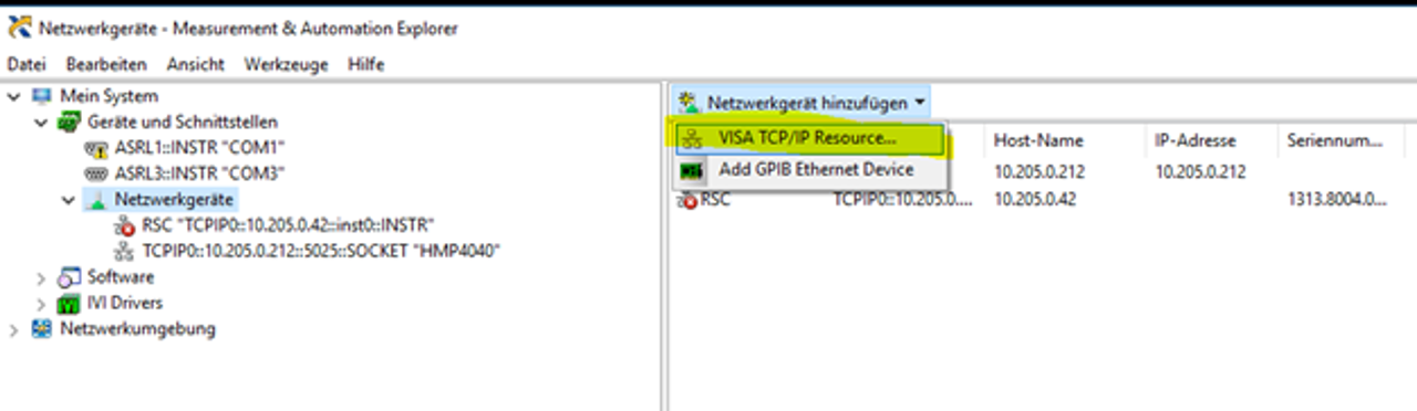 HMP series network connection via NI VISA - Network Device / VISA TCP/IP Ressource