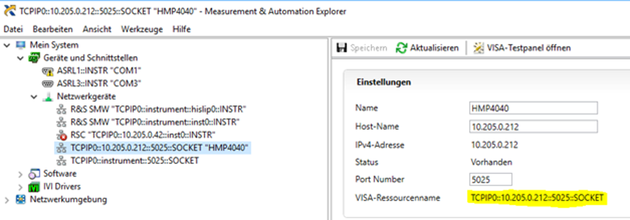 HMP series network connection via NI VISA - VISA Ressource String