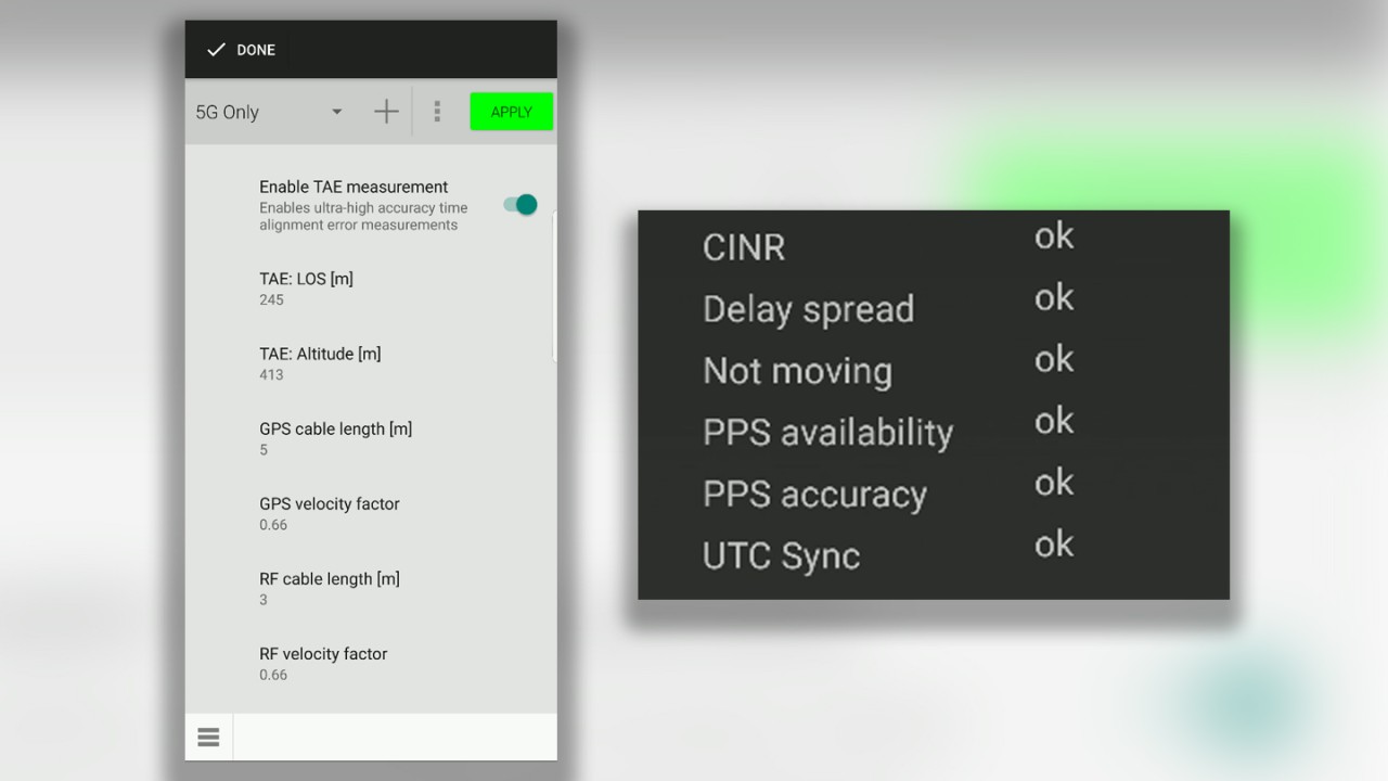 Figure 2: Configuration of cable length, cable type, altitude (optional parameter) and line-of-sight distance in QualiPoc Android. Indicators for preconditions.