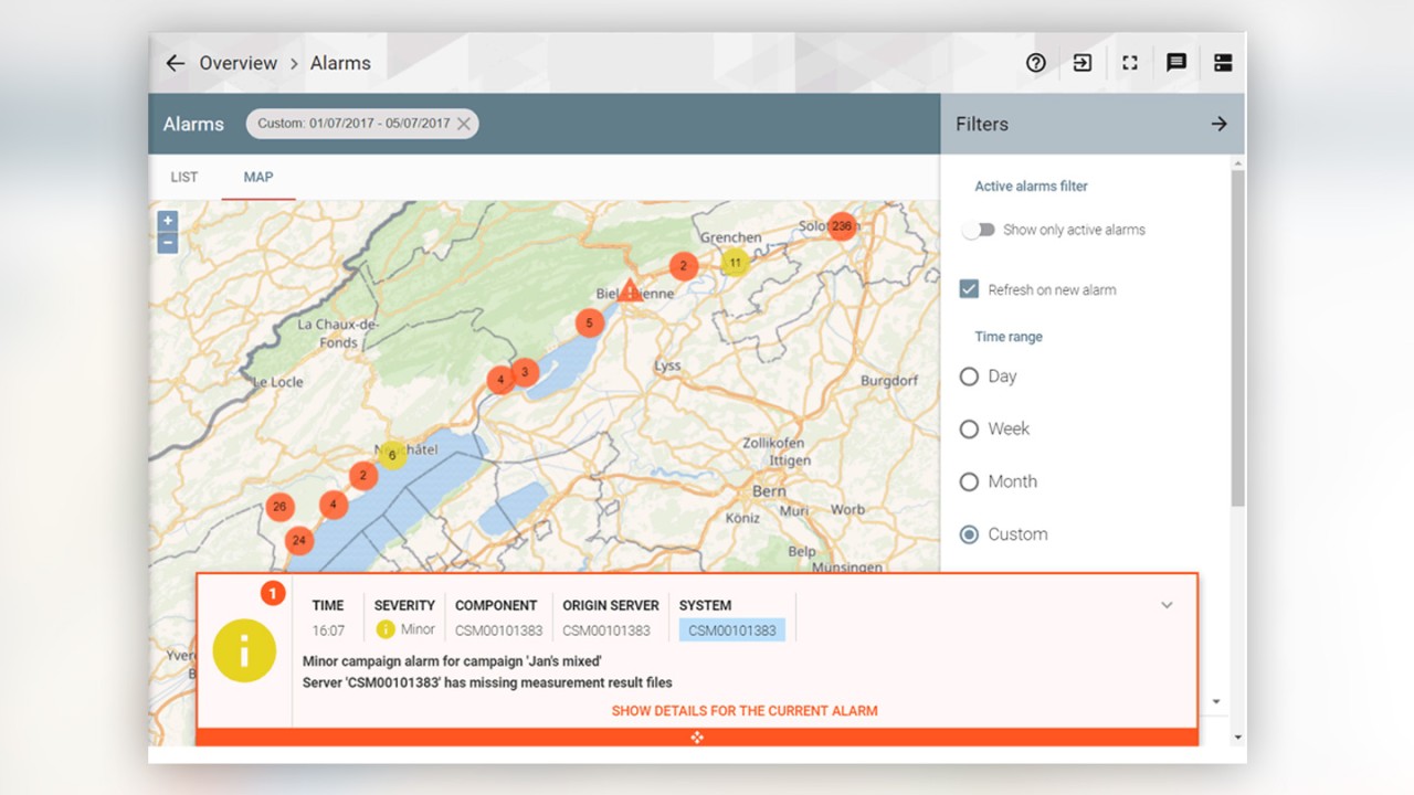 Map view displaying alarms in clusters